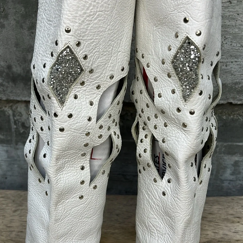 White Over-the-Knee Cutout & Stud Leather Boots — Women's